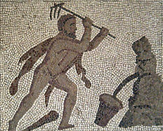 Hércules desviando el cauce de los ríos Alfeo y Peneo. Detalle del mosaico de los trabajos de Hércules de Liria, Valencia, en el M.A.N. (Madrid).