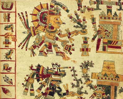 detalle_codex_cospi.jpg - Este detalle de una página del "Codex Cospi" muestra al dios del sol (arriba) y al dios de la obscuridad (abajo) efectuando sacrificios. De Codex Cospi es uno de los pocos códices, antes de la conquista española, que no fueron destruídos por estos.