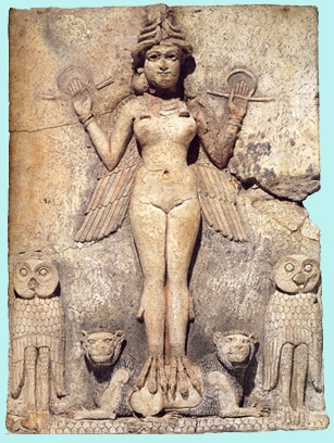 inana.jpg - Esta gran placa decorativa, hecha de paja y greda cocida, data de 1800-1750 a.C. y es nombrada "La reina de la noche". La figura femenina es probablemente el aspecto de Inana o su hermana Ereshkigal.
