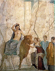 rapto_europa.jpg - Fresco de Pompeya del siglo I d.C. Europa era una diosa pre-Helénica. Aquí vemos nuevamente la transformación a toro que efectuó Zeus para raptarla.