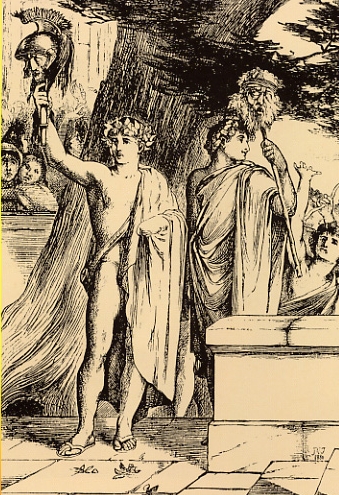 romulo_y_remo.jpg - "Ilustración de Lays of Ancient, Roma, 1881". Rómulo muestra la cabeza de su tío Amulio quien los traicionó. Remo muestra la cabeza del sacerdote Camers, quien aconsejó al rey que ahogara a los dos jovenes.