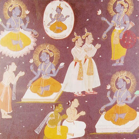 vishnu2.jpg - "Ilustración del texto hindú Vishnu Samabran aham a'  siglo XVII". Vishnu es adorado en cinco diferentes aspectos.