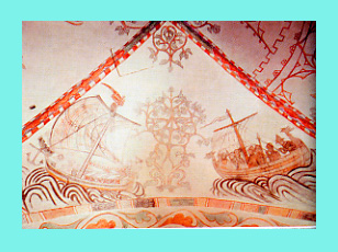 Una pintura del siglo XIV en una iglesia danesa muestra naves vikingas con dragones sobre el talamete durante una guerra naval.