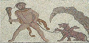 Hércules y Cerbero. Detalle del mosaico romano de Los doce trabajos de Liria (Valencia), en el M.A.N. (Madrid)