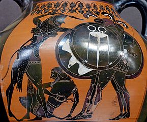 Heracles lucha contra Gerión (Euritión muriendo en el suelo). Ánfora, ca. 540 a.C..