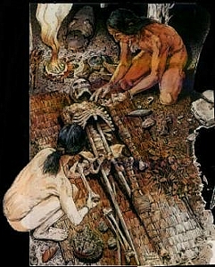Recreación artística de la elaboración de una momia de preparación complicada de la Cultura Chinchorro (Dibujo de R. Schlecht).