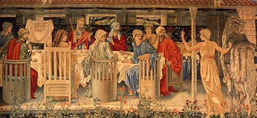 caballeros_mesa_redonda.jpg - Título: "El rey Arturo y los Caballeros de la mesa redonda". Autor: E. Burne-Jones, alfombra mural, 1898-1899. La mesa redonda de Arturo previno conflictos de jerarquía entre sus integrantes. El rey simbolizaba la unidad y ésta era recordada  con un Gral puesto  en la mitad de la mesa recordando la "Última Cena" que tuvo Jezús con sus Apóstoles.