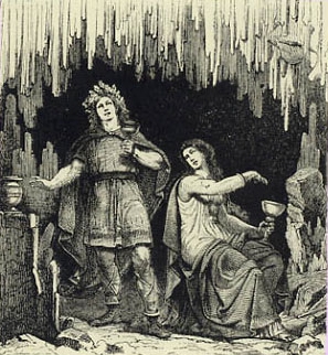 gunlad.jpg - Ilustración de un libro del siglo XIX. Odín enamorando a Gunlad, recitándole poesias, para que lo dejara beber del brebaje.