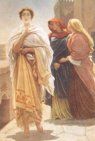 helena.jpg - Título: Helena en los muros de Troya. Autor: Lord Leighton, oleo, 1880.  Helena, era la mujer más hermosa de la mitología griega según Homero. Ella estaba conciente de la miseria que causó su belleza.