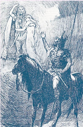 hermod.jpg - Ilustración de un libro del siglo XIX. Hermod se despide de Balder y Nanna después que le fuera negada su visita al "infierno". Aquí Hermod estaba aún optimista porque él creía que las condiciones del mundo infernal para la liberación del hermoso dios se cumpliría por sus lamentos.