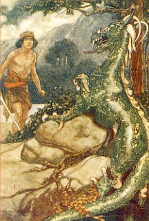 jason.jpg - Ilustración de Tanglewood Tales, 1920.  Jasón, el jefe de los Argonautas, que fué en busca del "vellocino de oro" que colgaba en un roble en la selva de Ares en Colchis. Con ayuda de una bebida mágica pudo hacer dormir al dragón que lo custodiaba.
