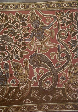 krishna2.jpg - Krishna vence a la culebra-demonio al dansar sobre su cabeza. Parte de un cuadro de un templo de Madras, siglo XV.