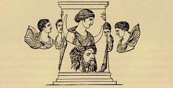 oceano.jpg - Ilustración de Dictionary of Classical Antiquitis, 1891. Océano, padre de los dioses de los ríos, es representado con una expresión de enojo y con el pelo enredado. Sobre él estan la diosa de la luna Selene, izquierda y derecha estan las estrellas Fósforo y Hesperus.