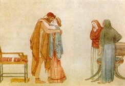 odiseo.jpg - Ilustración de Stories from Homer, 1885. Odiseo, después de una ausencia de veinte años puede, finalmente abrazar a Penélope. El tuvo que contarle de como había hecho la cama que ellos usaban para poder convencerla.