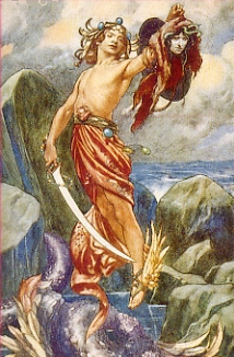 perseo.jpg - Ilustración de Taglewood Tales, 1920. Perseo, con la yuda de los dioses venció a la Medusa, una de las tres Gorgonas que a travez de su mirada convertía a la gente en piedra. Perseo sabía que debia vencería en su sueño. Haciéndose invisible por el casco de Hades y sandalias aladas hechas por las ninfas.