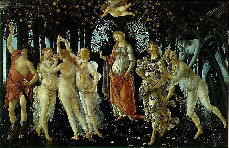 primavera.jpg - Título: Primavera Autor: Botticelli, Sandro. Galleria degli Uffizi, Florencia. 203 x 314 cm Pintura - Témpera sobre madera 1492 . Personajes que aparecen: Apolo, Venus, Afrodita, gracias, Flora, Céfiro, Cloris, ninfas.Descripción: Apolo aparece en la esquina izquierda. En el centro está Venus, a la derecha de Venus.