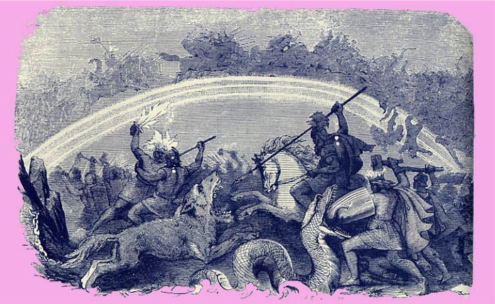 ragnarok.jpg - Durante el Ragnarok peleará Thor contra Jormungand, la serpiente del mundo. En esta ilustración de un libro del siglo XIX vemos también a Odín peleando contra Fenris, mientras Frey lo hace contra Surt. La figura de la derecha es probablemente Tyr. En el fondo vemos Bifrost.