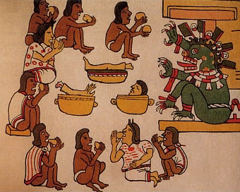 sacrificio.jpg - SACRIFICIO Y CANUBALISMO  A veces se comían el cuerpo del sacrificado durante un rito religioso el cual choqueó profundamente al conquistador español. Generalmente se le era ofrecido a los prisioneros de guerra techo y comida hasta el momento en que empezaría el ritual del sacrificio. Una vez terminado el ritual el cadáver era decapitado y su cráneo era expuesto al público. Luego, el decapitado cuerpo era preparado y comido por el guerrero que lo había apresado y su familia, con gran ceremonia.BR>Luego era el cadáver consagrado llevando la bendición de los dioses.