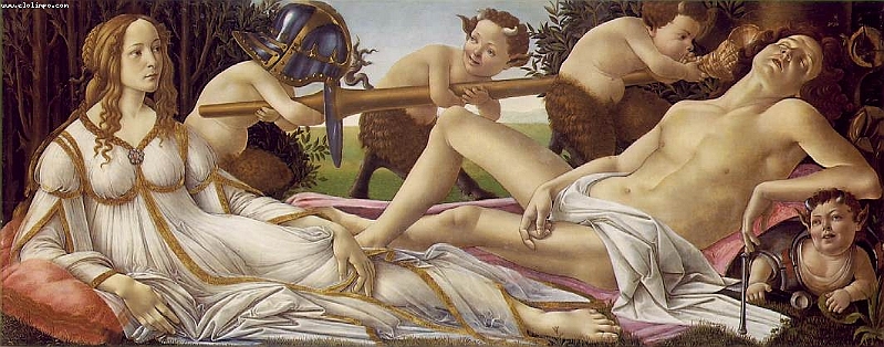 venus_y_marte.jpg - Título: Venus y Marte (en italiano, Venere e Marte). Autor: Botticelli, Sandro. National Gallery, London. 69 x 173.5 cm Pintura - Témpera y Óleo sobre tabla de álamo, 1483. Personajes que aparecen: Venus, Marte, sátiros, Afrodita, Ares