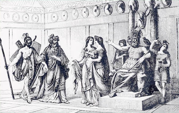 walhal.jpg - Ilustración de un libro del siglo XIX.  Odín con un grupo de hermosas valkirias, dan la bienvenida a un héroe muerto en el palacio Walhal. Atención a los dos cuervos y los dos lobos.
