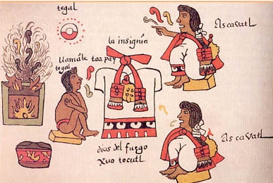 xuotecutl.jpg - La sociedad azteca estaba dividida en dos grupos: los pipiltin (nobles) y los macehuales (simple civiles). Aunque un simple civil tuviera mucho dinero, no podría nunca pertenecer a los nobles. Aquí los nobles vestidos de acuerdo a si clase, de blanco, vigilan una ceremonia de inauguración y ofrecen inciensos al dios del fuego (sol) Xiuhtecuhtli