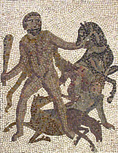 Hércules y las Yeguas de Diomedes. Detalle del mosaico romano de Los Doce Trabajos de Liria, Valencia, España.
